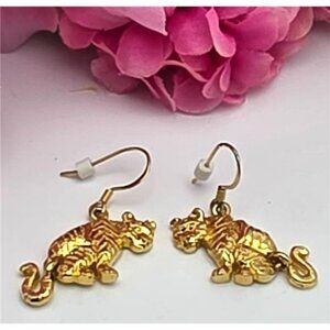 Gold Tiger Earrings Articulated Tail 27mm French Hook Big Cat Figural